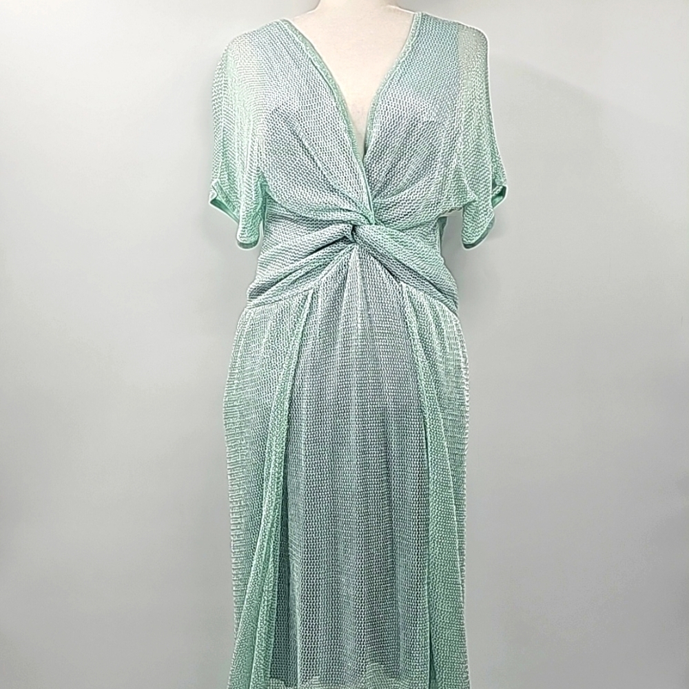 Cecilia Prado Metallic Mint‎ Green Sheer Mesh Maxi w Knot Front High-Low Hem
